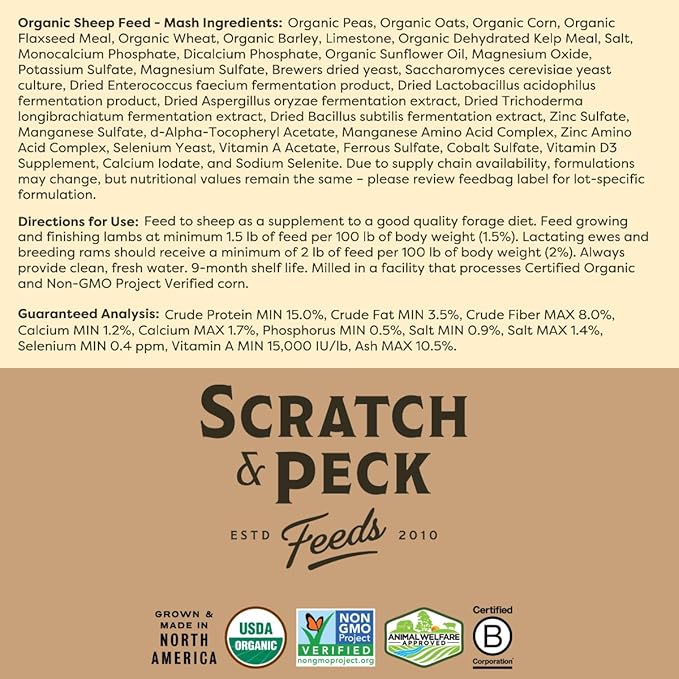 Scratch and Peck Feeds Whole Grain Mash + Corn Sheep Feed - 40 lbs Bag - Soy-Free - 15% Protein, Certified Organic and Non-GMO Project Verified Sheep Food