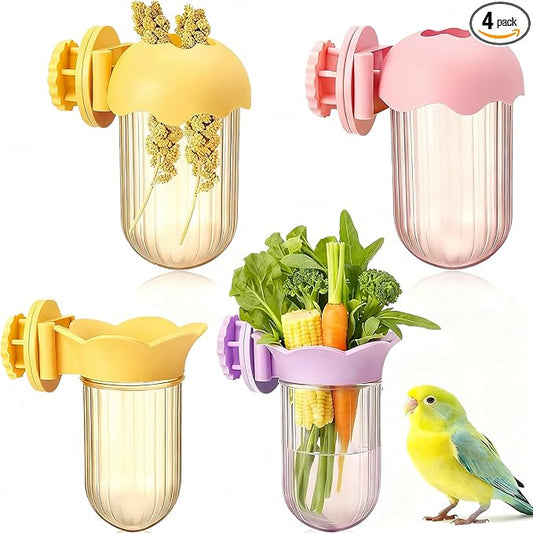 4 Pcs Millet Holder for Bird Cage Feeder Parrot Vegetable Veggies Holder No Mess Bird Feeder Cups for Fruit with Water Storage to Keep Fresh Hanging Cage for Parakeet Macaw Lovebirds