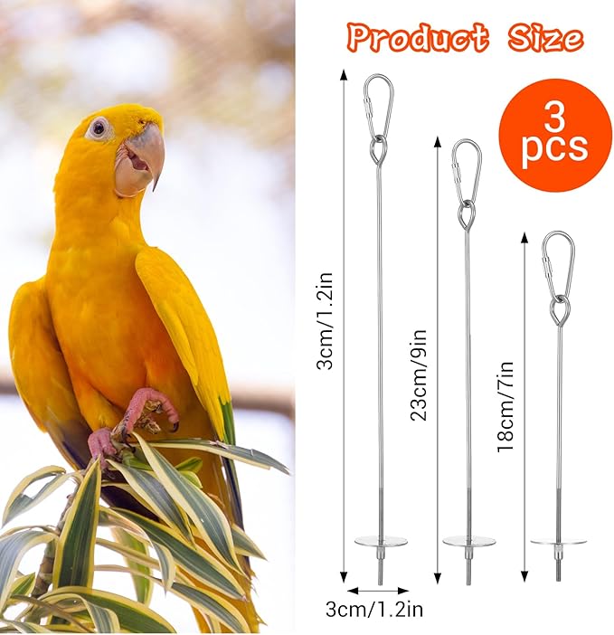 3Pcs Bird Cage Food Holder, 3 Sizes Stainless Steel Parrot Fruit Stick Feeder Fruit Vegetable Treats Skewer Bird Cage Feeder Foraging Toy for Parakeet Budgie Macaw