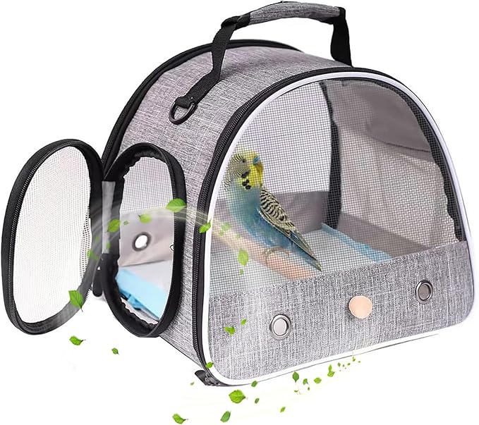 Small Bird Travel Carrier, Portable Mesh Vented Bird Carrier Cage for Parakeet, Parrot, Cockatiel, Guinea Pig, Bearded Dragon Reptile Carrier for Hiking Vet Visit Bicycle Ride (Grey, Mesh Window)