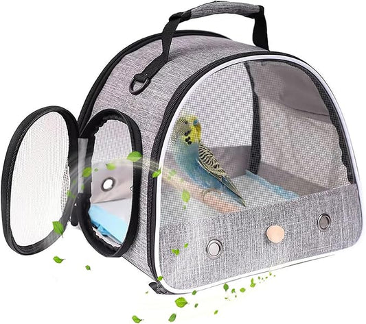 Small Bird Travel Carrier, Portable Mesh Vented Bird Carrier Cage for Parakeet, Parrot, Cockatiel, Guinea Pig, Bearded Dragon Reptile Carrier for Hiking Vet Visit Bicycle Ride (Grey, Mesh Window)