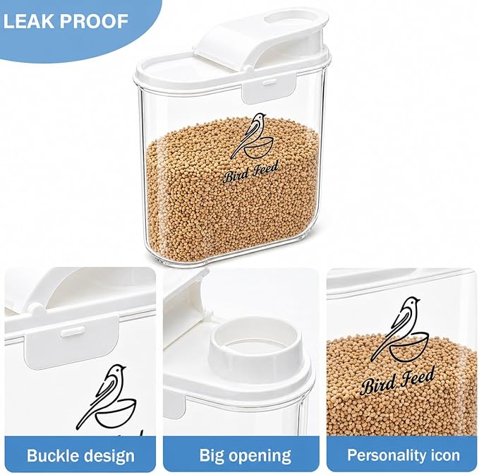 Bird Seed Storage Container, Airtight 2L/4.5Lbs Bird Food Container with Scale & Pour Spout, Portable Bird Food Holder to Keep Food Fresh|BPA-Free-White