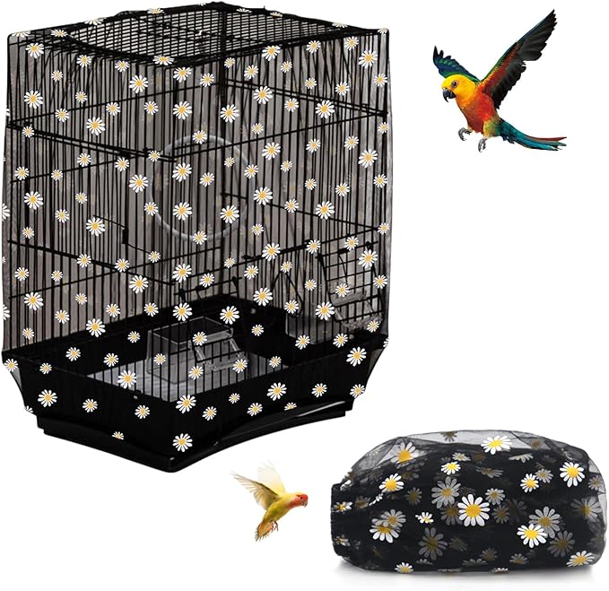 Bird Cage Seed Catcher, Seed Catcher Guard Net Cover, Parrot Nylon Mesh Net Cover, Universal Soft Airy Cage Net Stretchy Skirt for Round Square Cages (Daisy-Black, 15.7" x87")