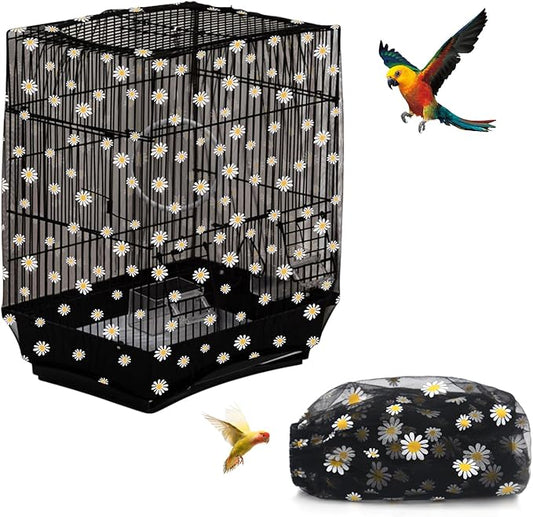 Bird Cage Seed Catcher, Seed Catcher Guard Net Cover, Parrot Nylon Mesh Net Cover, Universal Soft Airy Cage Net Stretchy Skirt for Round Square Cages (Daisy-Black, 15.7" x87")