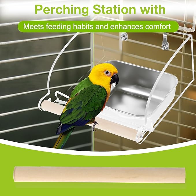 Bird Feeder for Cage,Transparent Parrot Feeder with Nonslip Wood Perch, Stainless Steel Birds Food Bowl Water Bowl, Bird Cage Seed Catcher for Small Medium Parakeet Cockatoos Lovebirds Budgies Conures
