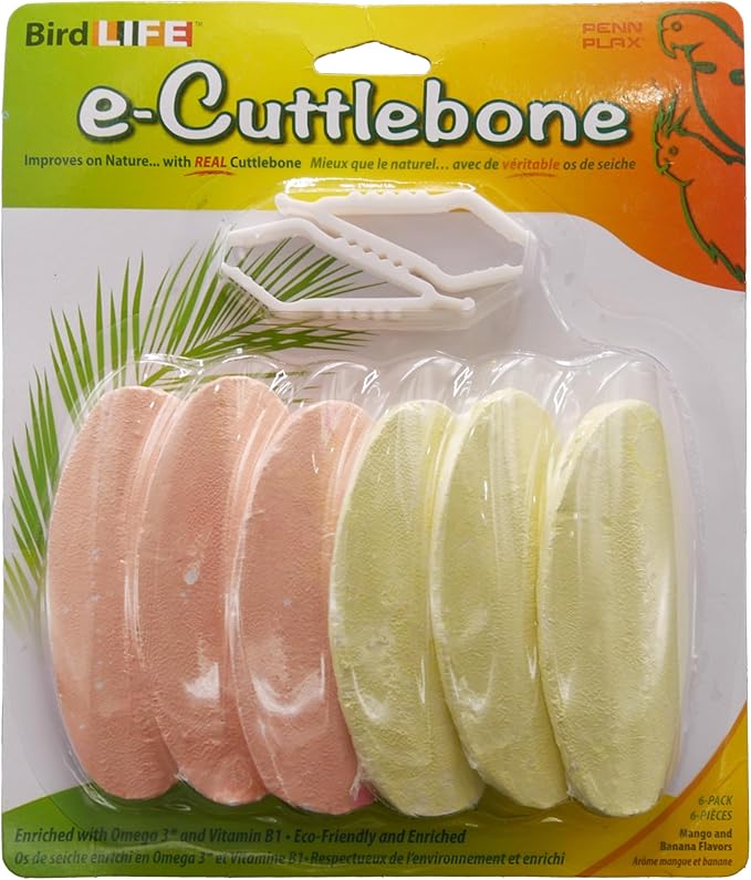 Penn-Plax Bird-Life E-Cuttlebone Flavored, 1 Pk (6 Counts) - Mango & Banana - Durable, Less Brittle Cuttlebones Enriched with Omega 3 and Vitamin B1 - 2 Cage Clips -For All Bird Sizes -Orange & Yellow