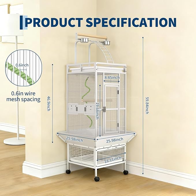 60" h Large Bird Cage, Indoor Parakeet Cage with Playtop, Bird Rope Perche, Heavy Duty Wrought Iron Bird Cage on Wheels for Parrots, Parakeets, Cockatiels, Conures