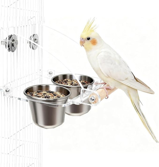 No Mess Bird Cage Feeder with Perch, No Spill Design Hanging Bird Feeders for Small Medium Birds, Easy to Clean Metal Seed Container with Secure Hooks for Indoor Cages Feeding, Two Small Bowls