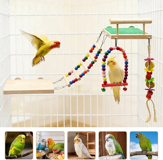 5 Pack Bird Cage Accessories, Multicolor Wooden Enrichment Playground with Swing Perch, Bridge, Chew Toys, Bird Supplies for Budgies, Cockatiels, Lovebirds, Small to Medium Birds