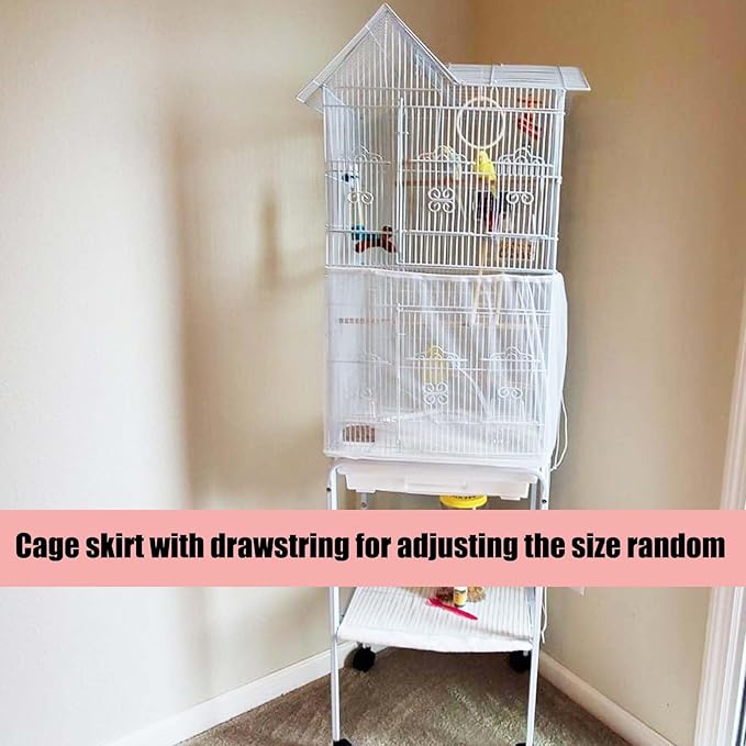 Bird Cage Seed Catcher, Large Bird Cage Cover, 75-118'' Universal Adjustable Birdcage Cover Skirt Soft Airy Nylon Mesh Net for Parakeet Macaw African Round Square Cage, White