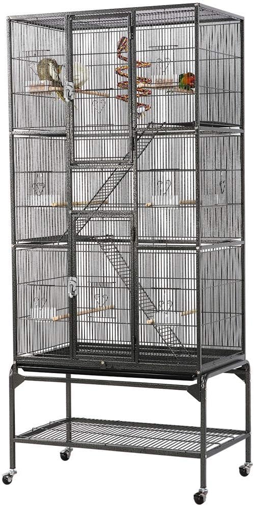 Topeakmart 3 Level Wrought Iron Large Parrot Bird Cage for 3 Parakeets with Detachable Stand, Black