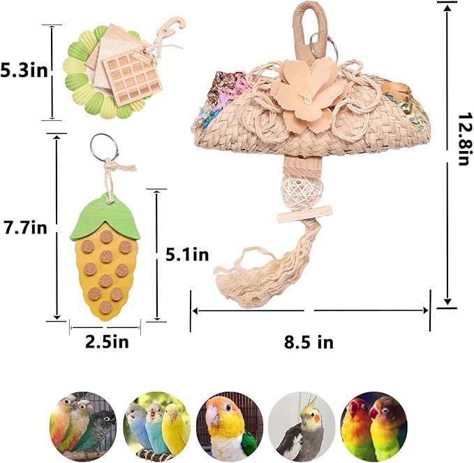 Parrot Chew Toys Set - Natural Wood & Loofah Toys with Plant-Based Dyes, 3 Pack Bird Chew Toys for Cockatiels, Conures & Small Parrots for Cage Enrichment (3 Pieces of Green Series)