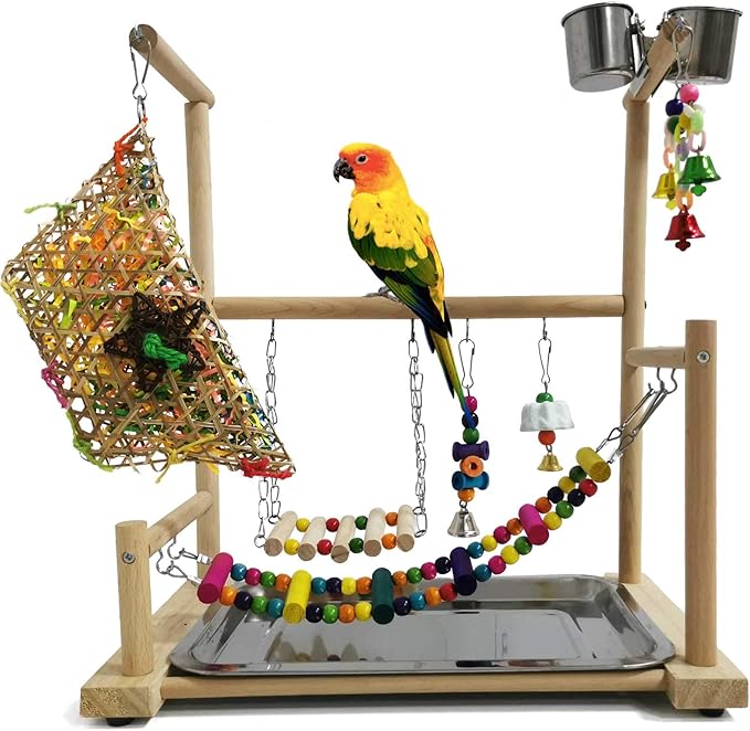 kathson Parrot Playstand Bird Playground Conures Play Stand Wood Perch Gym Playpen Ladder Parakeets Cage Accessories Exercise Toys with Swings Feeder Cups for Cockatoos Lovebirds