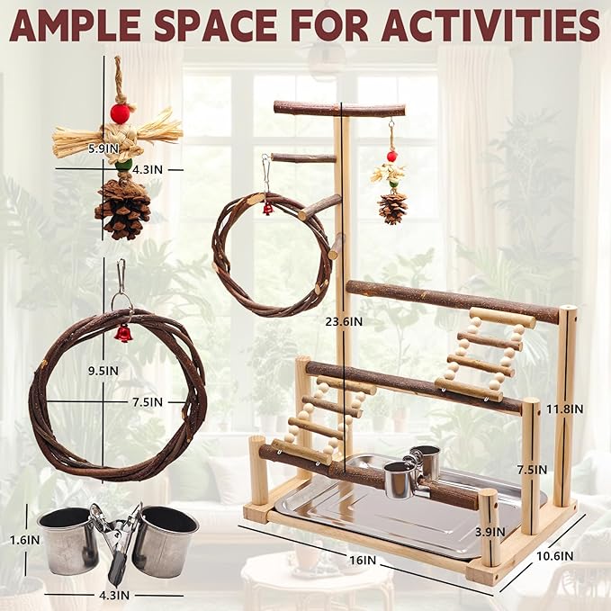 Bird Playground, Natural Wooden Parrot Stand Suitable for Small and Medium Birds, with Feeding Cups, Swing, Chew Toys,Bird Perch Ideal for Parakeets, Budgerigars,Canaries,Conures