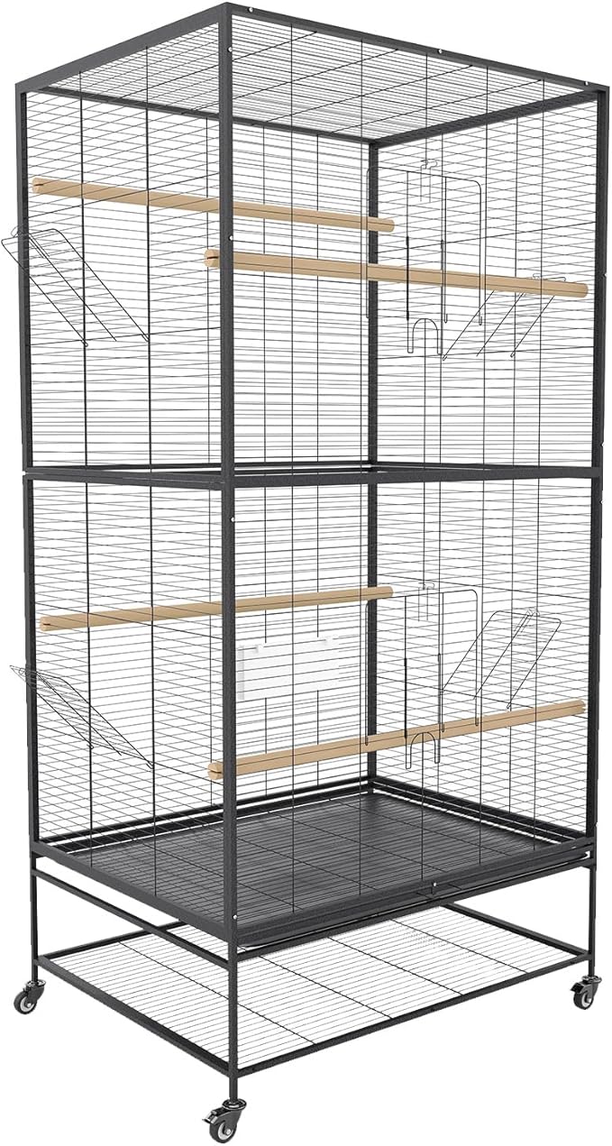 66" H Large Bird Cage with Wheels, Extra Large Bird Cage with Wood Perches, Feeder, Wide Bird Carrier for Parakeets, Canaries, Lovebirds, Small Quaker, Cockatiels, Budgie