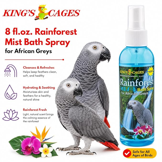 King's Cages Rainforest Mist Spray African Grey 8 oz. Feather Conditioning Spray with Baby Powder Scent for Medium Bird Breeds Skin Relief and Plumage Care