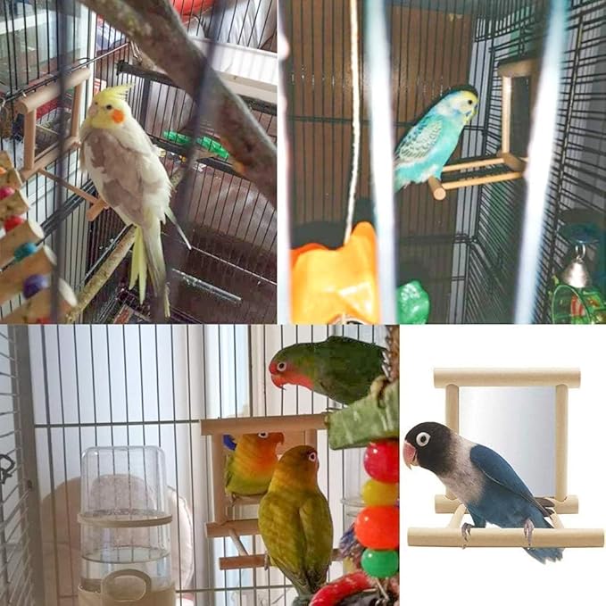 Hamiledyi Bird Mirror Parakeet Mirror Perch Stand Wooden Swing Mirror Toy Cage Accessories for Parrots Budgies Parakeets Cockatiels Lovebirds Finches