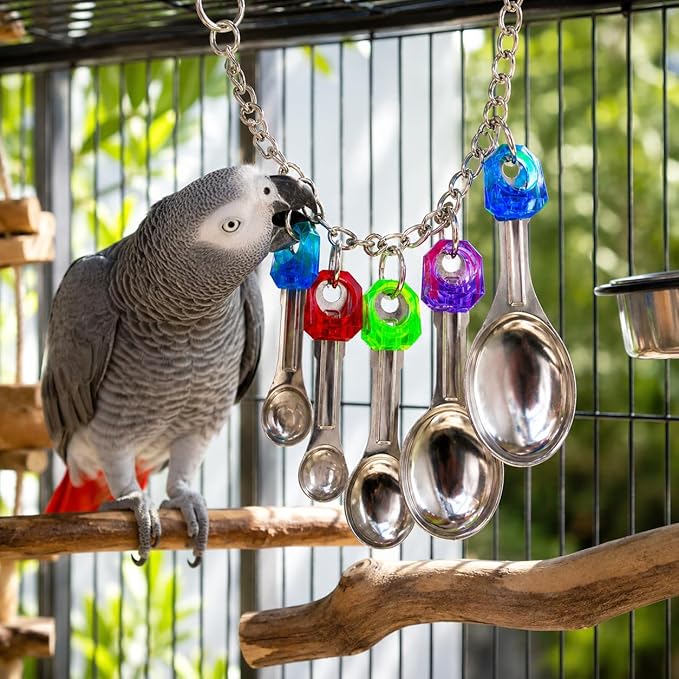 Bonka Bird Toys 1969 Spoon Delight Parakeets Cockatiel Conure Interactive Hanging Stainless Steel Spoons Chewing Foraging Enrichment Cage Medium Large Parrots 12.5" Chew Colorful Parts