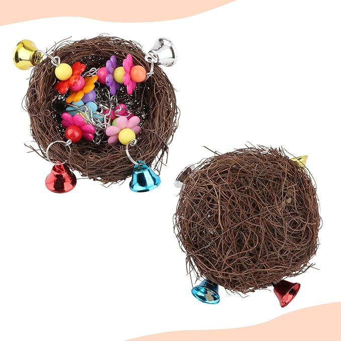 Hypeety Natural Rattan Nest Bird Swing Toy Colorful Flowers Bells for Budgie Parakeet Finch Lovebird Cockatiel (C)
