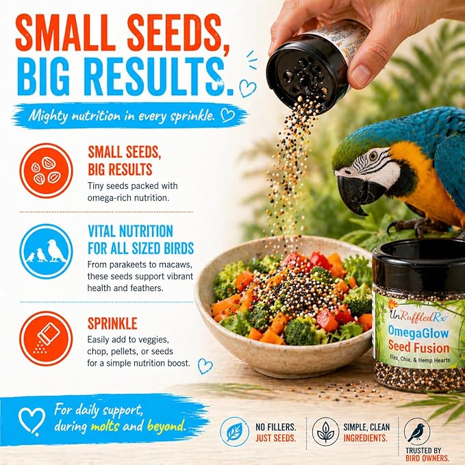 UnRuffledRx™ OmegaGlow for Birds – Raw, Natural Seed Blend for Feather Growth & Molting Support – Skin & Immune Health with Chia, Flax & Hemp Seeds – Helps Reduce Plucking – 2 oz Shaker Jar
