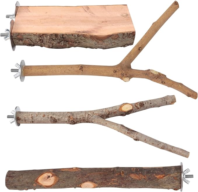 4-Pack Natural Wood Bird Perch Stand with Spacious Platform, Thick & Long Branches, Large Parrot Cage Accessories for African Grey, Macaws, Conures, Eclectus (Medium & Large Birds)