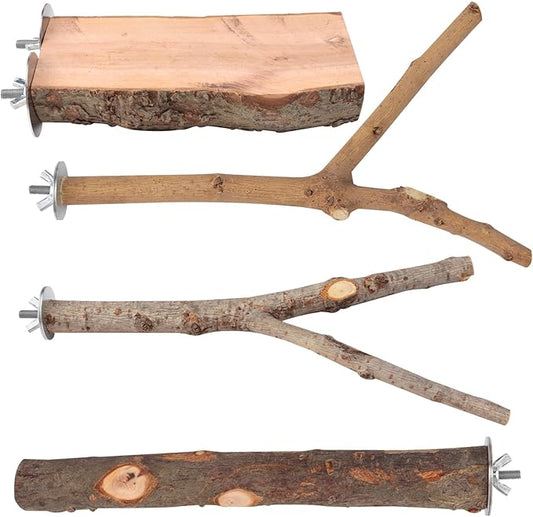 4-Pack Natural Wood Bird Perch Stand with Spacious Platform, Thick & Long Branches, Large Parrot Cage Accessories for African Grey, Macaws, Conures, Eclectus (Medium & Large Birds)