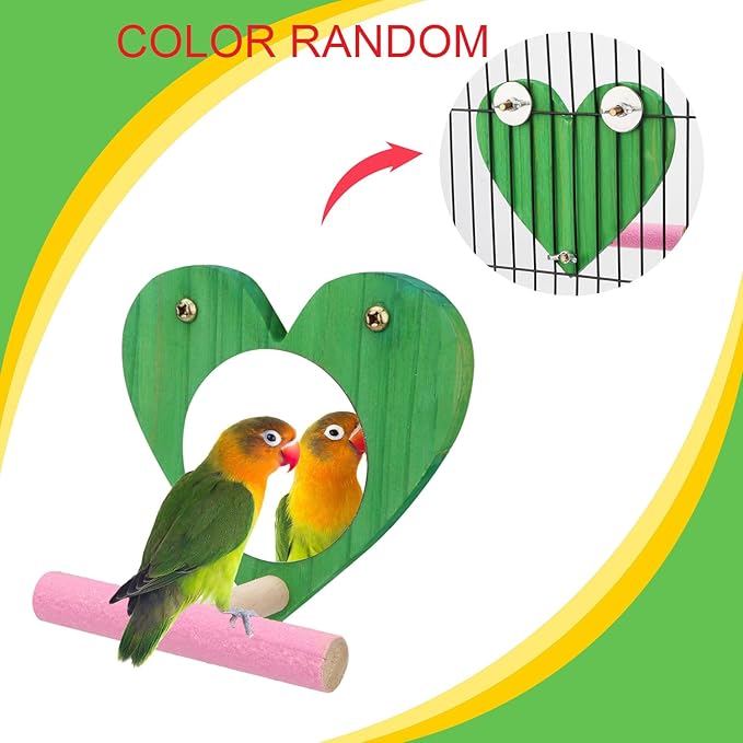 Hypeety Bird Mirror Toy Cage Standing Perch Wood Toy Parrot Parakeet Budgies Cockatiel Conure Finch Lovebird African Grey Macaw Amazon Cockatoo Birdcage Wood Stand Perch(Color Random) (Heart Shape)