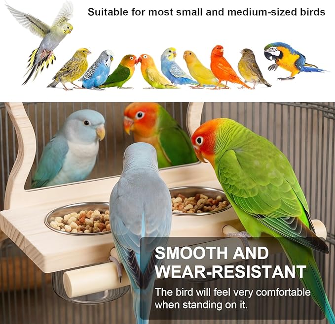 Bird Perch Platform Toy with Mirror, Standing Rack & Stainless Steel Bowl - Wooden Play & Exercise Gym Stand, Cage Accessory for Cockatoos, Lovebirds, Budgies, Pacific Parrotlets & Canaries