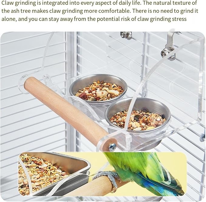 Bird feederDouble Removable Cups - Splash Protection and Natural Wood - cage Safety Hook Design - Splash Proof and Easy to Clean - Small/Medium Birds