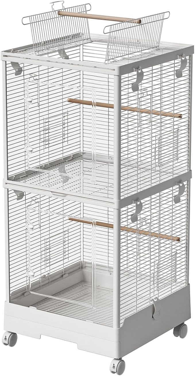 40 Inch Medium Small Bird Double Cage for Parrot Lovebirds Finches Canaries Parakeets Cockatiels Budgie Parrotlet Conures, w/Detachable Standing Perches, Snow White