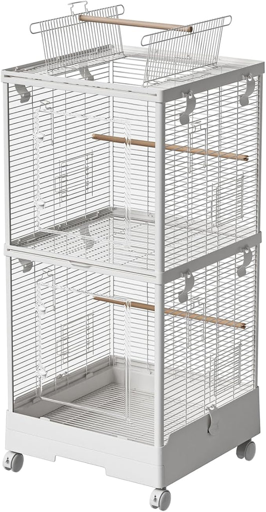 40 Inch Medium Small Bird Double Cage for Parrot Lovebirds Finches Canaries Parakeets Cockatiels Budgie Parrotlet Conures, w/Detachable Standing Perches, Snow White