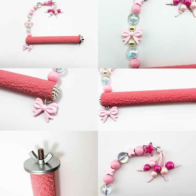 Bird Parrot Perch with Beads and Bow Chew Toy,Cage Platform Toy and Exercise Accessories for Budgies Parakeets Cockatiels Conures and Lovebirds (Pink)
