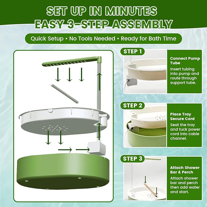 Bird Shower Bath Set for Budgies, Cockatiels & Small Parrots, Indoor Bird Bath Shower with Waterproof Splash Mat, Bird Perch Stand and Bath Accessories