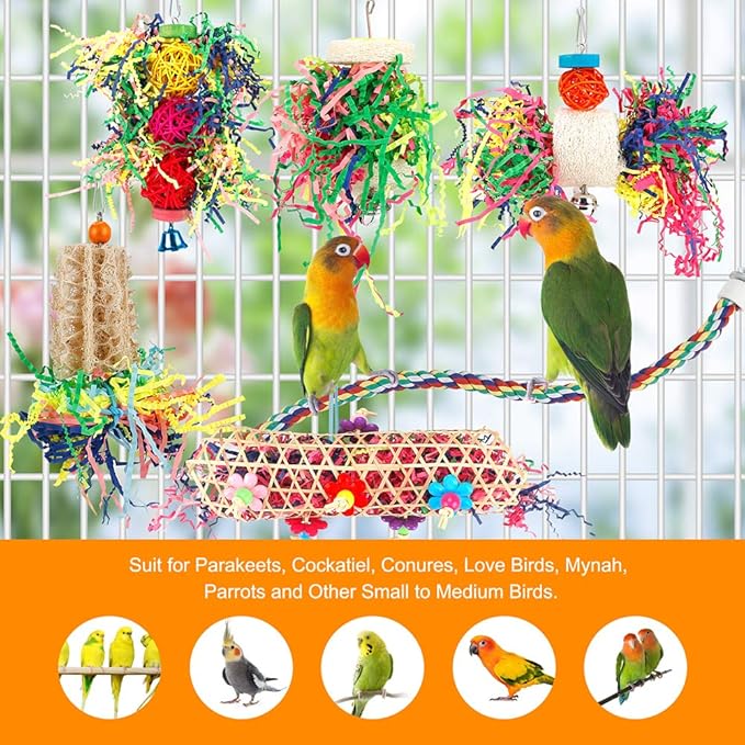 Foraging Bird Toys - Shredding Parakeet Toys with Rope Perch for Conure, Cockatiel, Budgies, Lovebird, Parrotlet