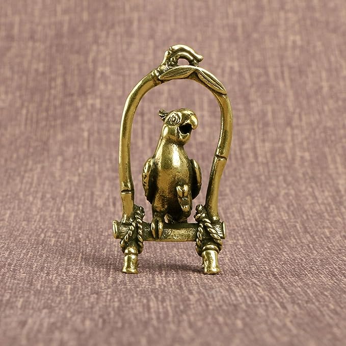Leheybia 1 Pcs Brass Bird Cage Parrot Ornament Brass Animal Parrot Figurines Parrot Decoration Brass Statue for Desktop Decoration（Golden）