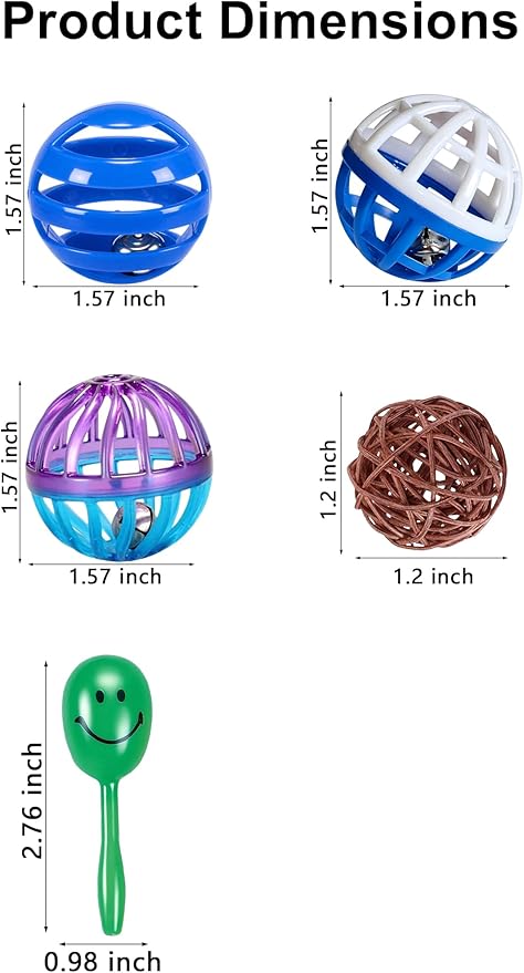 5-Pack Bird Toys for Parrots, Canaries - Colorful, Safe & Fun to Play, Gleeful Chirps (1.5'' - 2.8'')