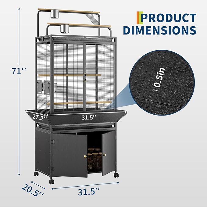 71 Inch Large Bird Cage with Play Top & Storage Cabinet, Flight Birdcage for Parrot, Cockatiel, Macaw Budgie, Rolling Corner Bird Aviary Black