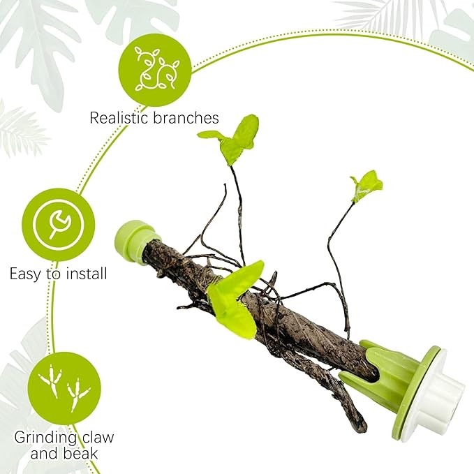 PINVNBY 2 PCS Bird Perches Simulation Branch Parrot Cage Perch Stand with Green Leaf Hanging Paw Grinding Fork Cage Accessories for Parakeets Budgies Finches Cockatiels Conures