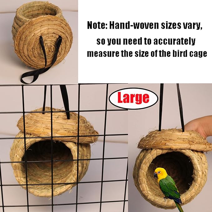Hamiledyi Bird Nest Grass Bird Hut Outdoor Hanging Birdhouse Canary Nest Chickadee House Wren Nest Fiber Roosting Pocket for Parakeet Parrot Cockatiel Finch