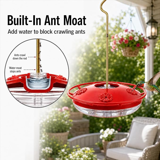 eWonLife Hummingbird Feeders for Outdoors, 2 Pack 16 oz Leak-Proof Dish-Style Humming Bird Feeder with Built-in Ant Moat, 5 Bee Proof Feeding Ports, Easy Clean, BPA Free Plastic, Hanging Garden Decor