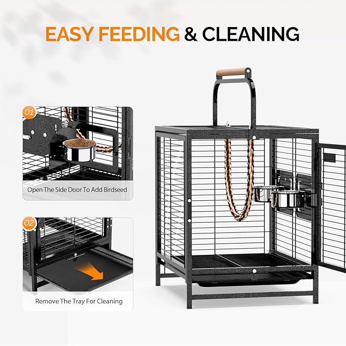 VINGLI Small Bird Cage, 25 inch Travel Carrier Bird Cage with Handle, Wrought Iron Parakeet Cage with Wooden Perch for Parrot Lovebirds Finches Small/Medium Birds (Hammertone Black)