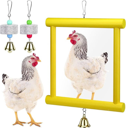 1 Pieces Chicken Mirror Toys Large 12 x 10 Inch Hanging Swing Mirror with Bell Wooden Pecking Toy and 2 Pieces Beak Grinding Molar Stones for Hens Birds Parrots Coop Roosters(Yellow)