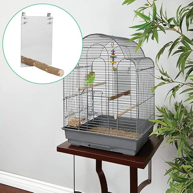 Bird Mirror, Large Stainless Steel Bird Mirror Perch Cockatiel Swing Toys Parrot Cage Accessories Decoration Standing Bar Claw for Small Medium All Types of Parakeet Cockatoo Cockatiel Finch Canaries