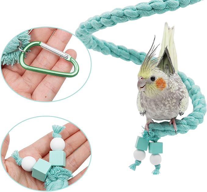 Bird Cage Accessories: Hanging Spiral Bird Rope Perch with Metal Hook, for Budgie, Lovebird, Parakeet, Cockatiel, Conure, Quaker, Caique, Small to Medium Birds