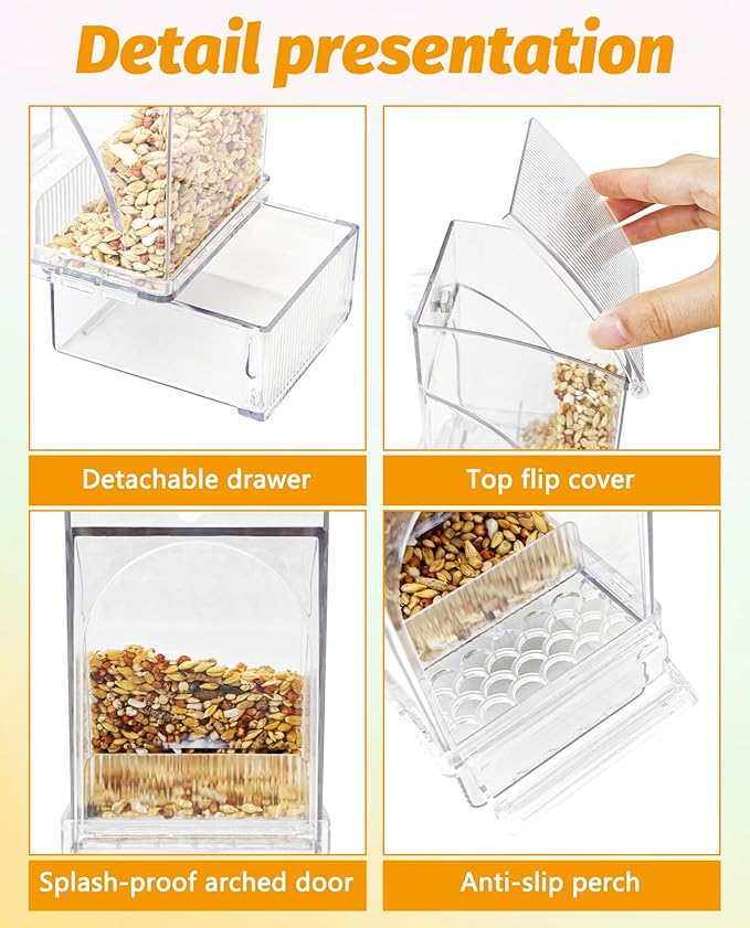 BNOSDM No Mess Bird Feeder Transparent Bird Food Container Automatic Parrot Feeder with Perch Parakeet Cage Accessories for Budgies, Canaries, Cockatoos, Finch and Lovebirds