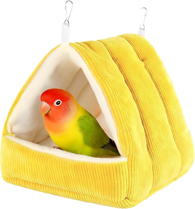 Winter Warm Bird Bed for Cage with Soft Plush Hanging Hammock & Hut Tent, Hideaway Sleeping Nest for Budgies, Cockatiels, Small Animals, and Guinea Pig Hideouts (Yellow, S)