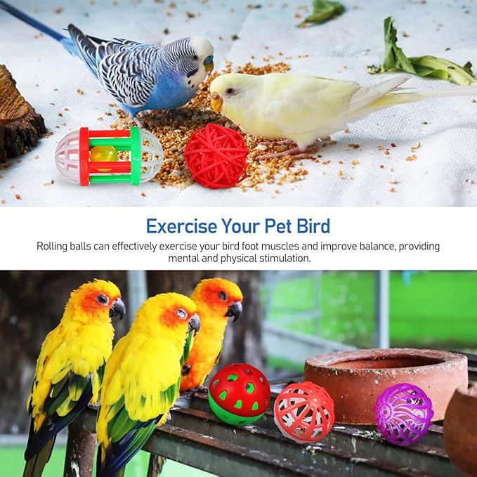 POPETPOP Bird Ball Toy - 12Pcs Plastic Pet Toy for Parakeet, Parrot, Finch Foraging & Preening - Colorful Training Bell Balls