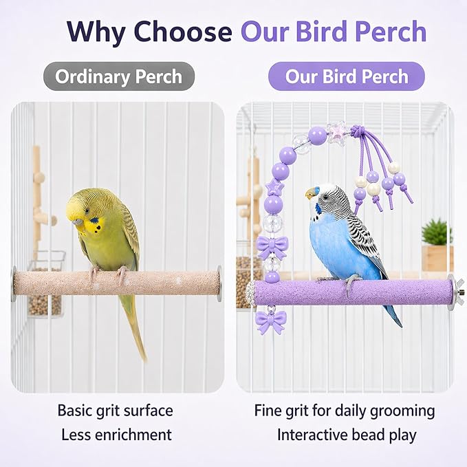 Bird Parrot Perch with Beads and Bow Chew Toy,Cage Platform Toy and Exercise Accessories for Budgies Parakeets Cockatiels Conures and Lovebirds (Purple)