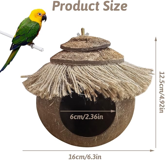 Tfwadmx Natural Coconut Fiber Hanging Birdhouse for Cage, Bird Shell Breeding Nest for Parrot, Parakeet, Lovebird, Finch, Canary, Small Animals House, Bird Hideout with Coconut Twine Decoration