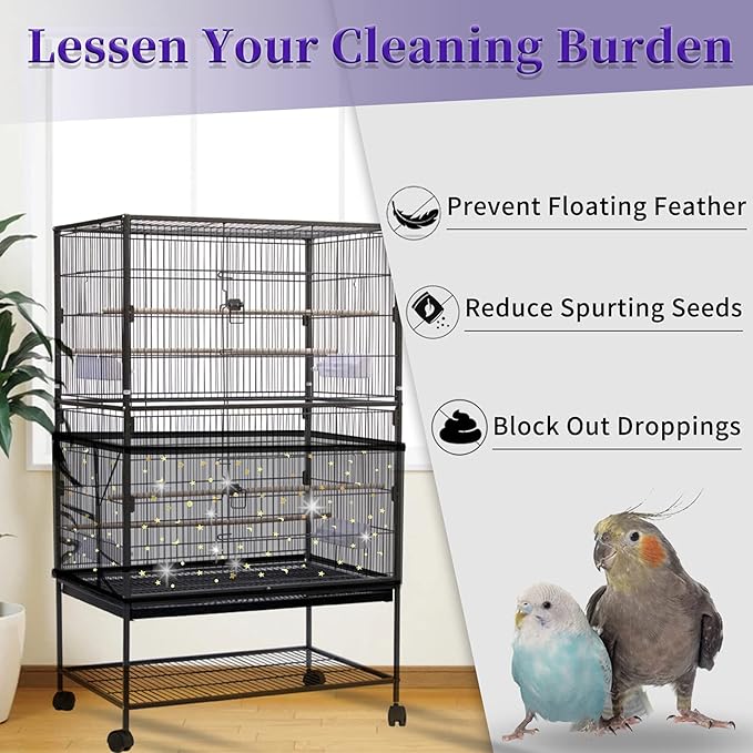 Daoeny 2Pcs Bird Cage Cover, Adjustable Bird Cage Seed Catcher, Large Soft Nylon Mesh Net with Twinkle Moon Star, Birdcage Cover Skirt Seed Guard for Parrot Parakeet Macaw Round Square Cages